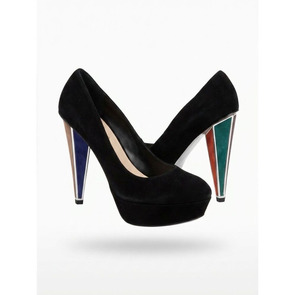 Bebe Black Suede Platform Pump with Triangular Color-Block Heel Size 8M